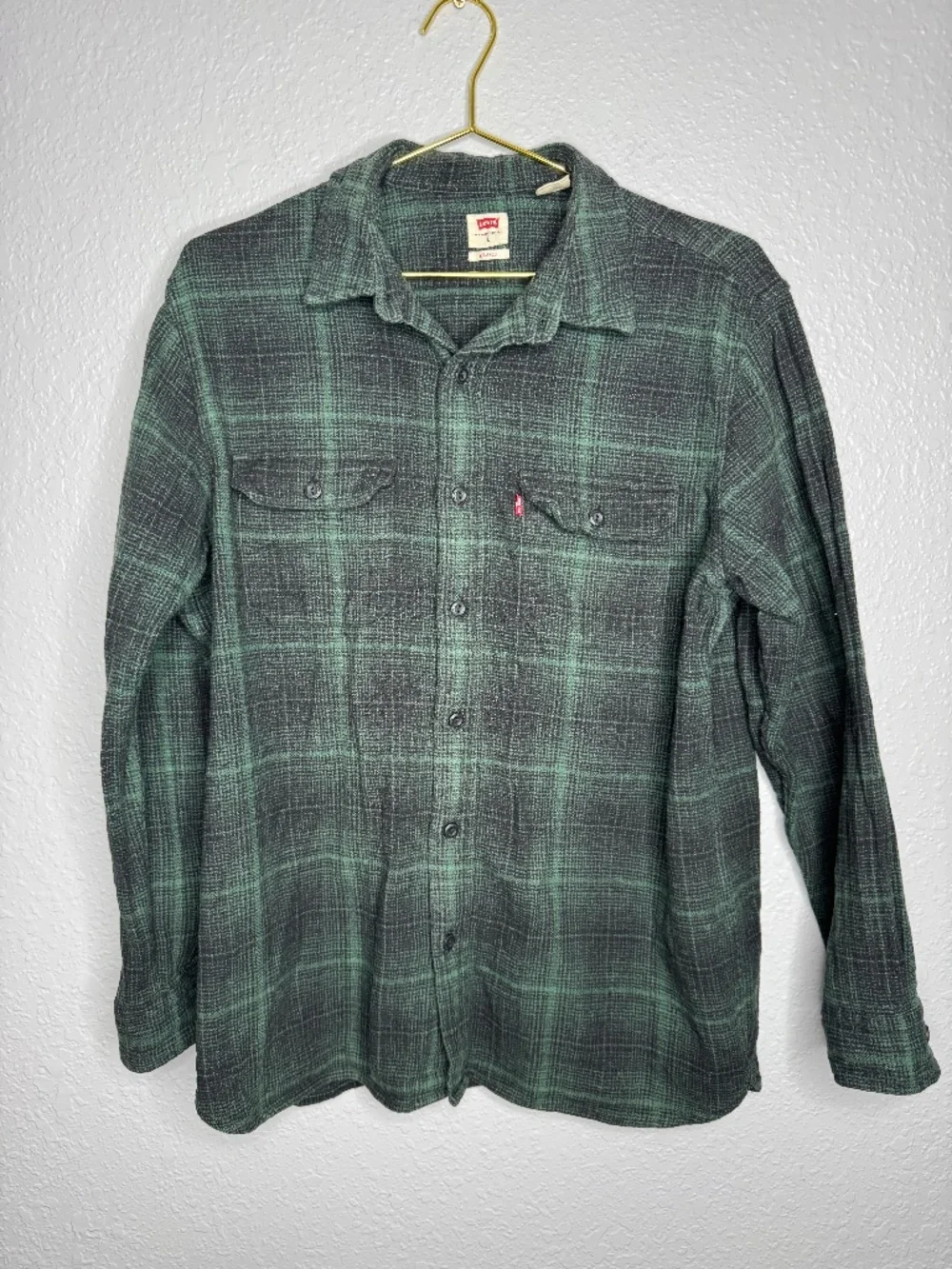 Levis Flannel Shirts Men Large Green Black Relaxed Fit Plaid Button‎ up Pocket